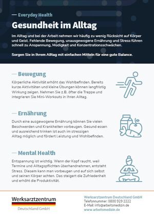 Gesundheit im Alltag - Beispielflyer aus dem Bereich Basisversorgung Arbeitsmedizin Abbildung eines Beispielflyers zum Thema Mitarbeitergesundheit
