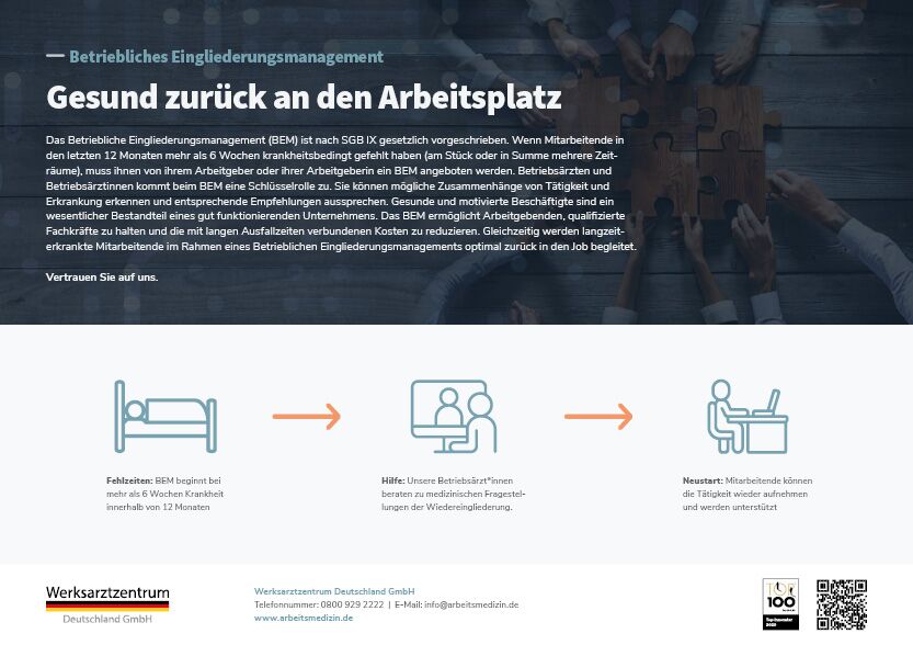 Informationen zum Betrieblichen Eingliederungsmanagement (BEM) Abbildung eines Flyers mit Informationen zum Betrieblichen Eingliederungsmanagement (BEM)