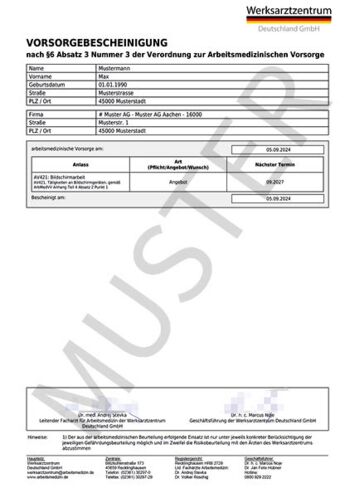 Muster einer Arbeitsmedizinischen Vorsorgebescheinigung - PDF Download