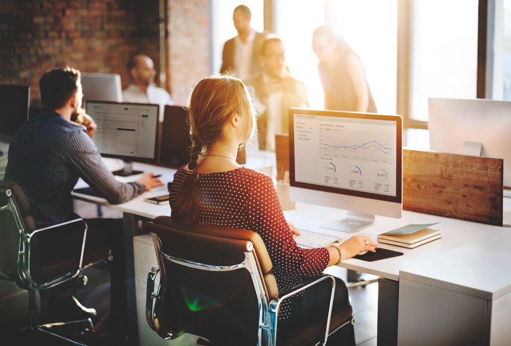 Blick in ein Büro, vorne sitzt eine Frau am Rechner und arbeitet mit Statistiken.