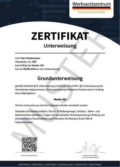 Musterzertifikat für digitale Unterweisungen nach ArbSchG und DGUV als PDF-Download