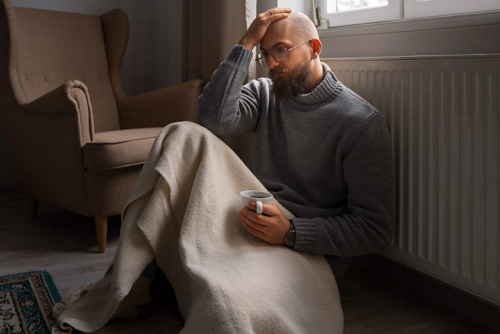 Ein Mann sitzt im Winter drinnen vor der Heizung zugedeckt mit einer Decke und einer Tasse in der Hand und stützt seinen Kopf auf seiner Hand auf.