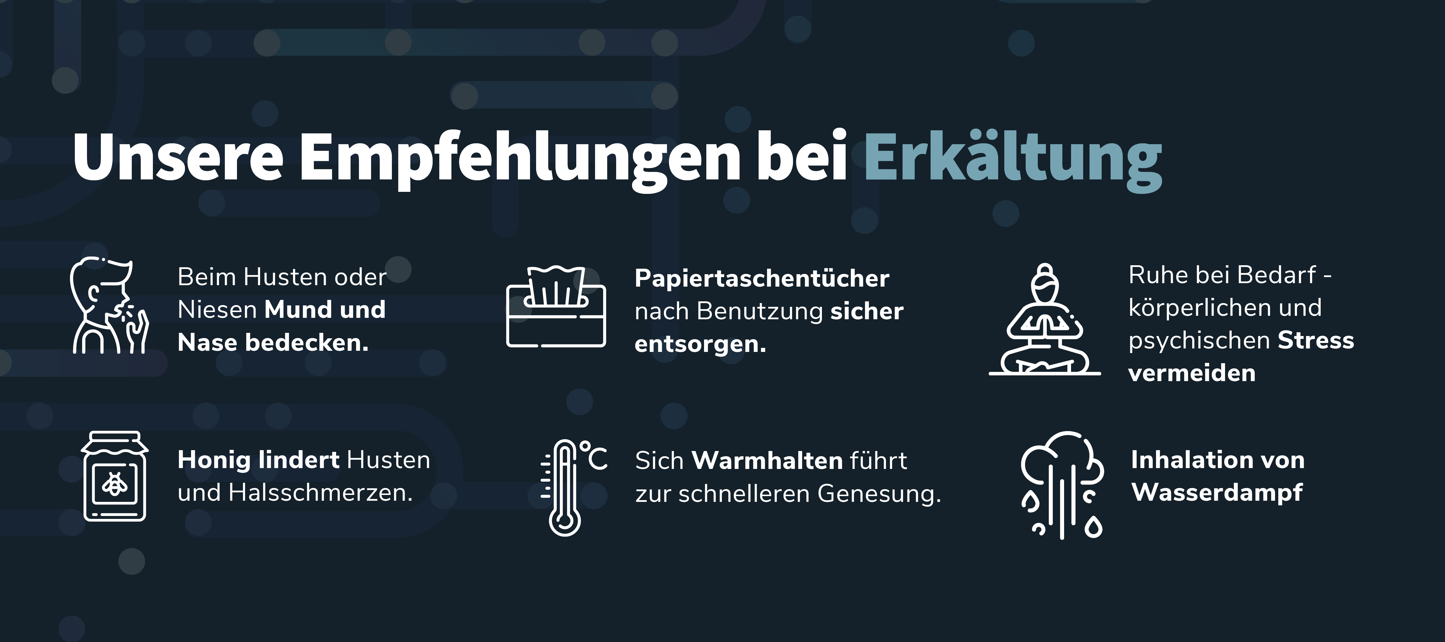 Unsere sechs Empfehlungen bei Erkältung. 1. Beim Husten oder Niesen Mund und Nase bedecken. 2. Papiertaschentücher nach Benutzung sicher entsorgen. 3. Ruhe bei Bedarf - körperlichen und psychischen Stress vermeiden 4. Honig lindert Husten und Halsschmerzen 5. Sich Warmhalten führt zu schnellerer Genesung 6. Inhalation von Wasserdampf.