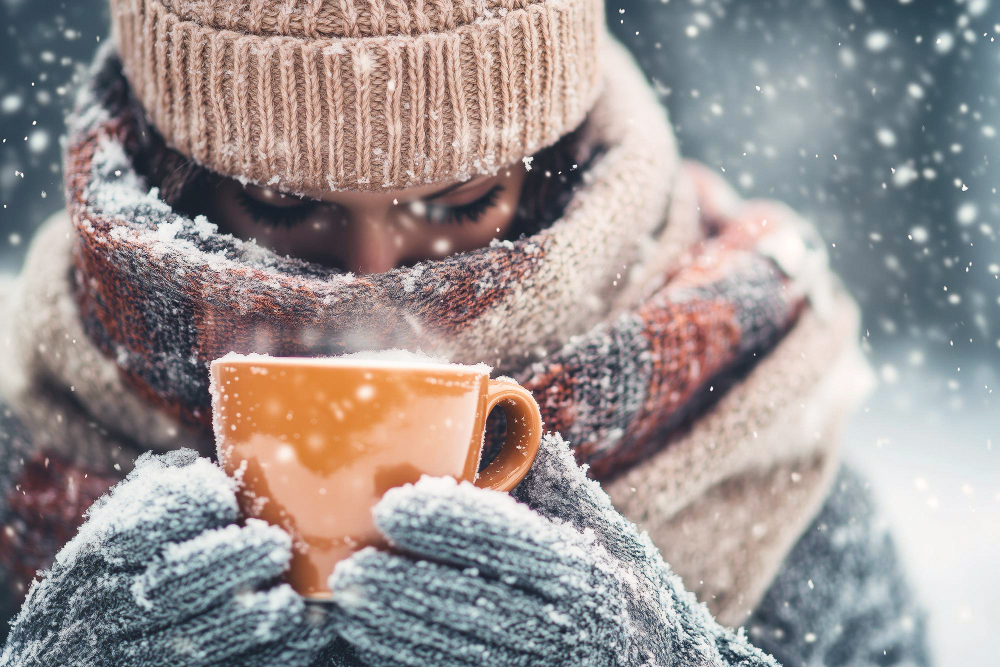 Foto einer dick angezogenen Person mit Schal und Mütze im Schnee mit einer Tasse in der Hand